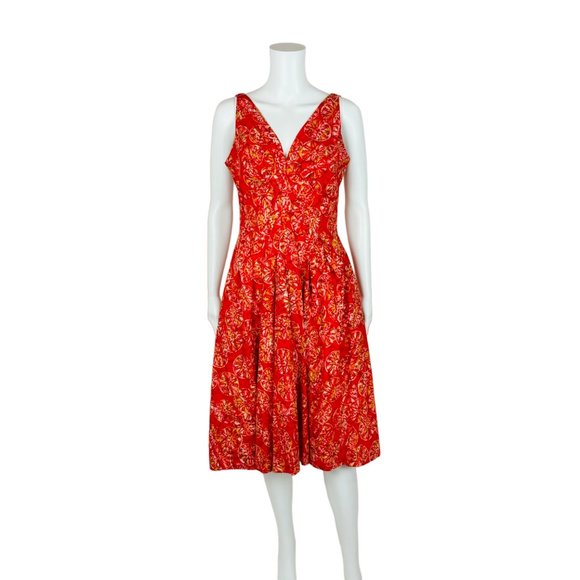 Vintage 1950s Sundress Red Tie Dye Full Deep V-Neck Dress Summer Vacation W 29